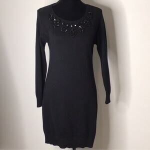 Ann Taylor Beaded Chest Long Sleeve Sweater Dress Black Size M